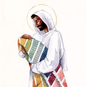 May include: Watercolor illustration of a figure in white robes holding a baby wrapped in a colorful blanket. The figure has a beard and a halo. The blanket features stripes of various colors.