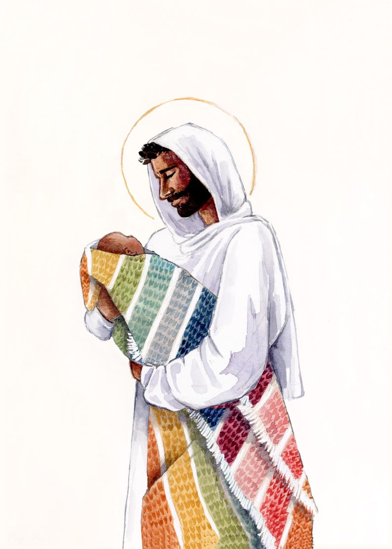 May include: Watercolor illustration of a figure in white robes holding a baby wrapped in a colorful blanket. The figure has a beard and a halo. The blanket features stripes of various colors.