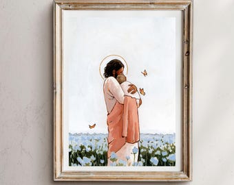 Impresión de "Entre los nomeolvides", Jesús sosteniendo a un bebé ángel, arte sobre la pérdida de un hijo, arte sobre un aborto espontáneo, obras de arte sobre la pérdida del embarazo y del bebé, Jesús con un bebé