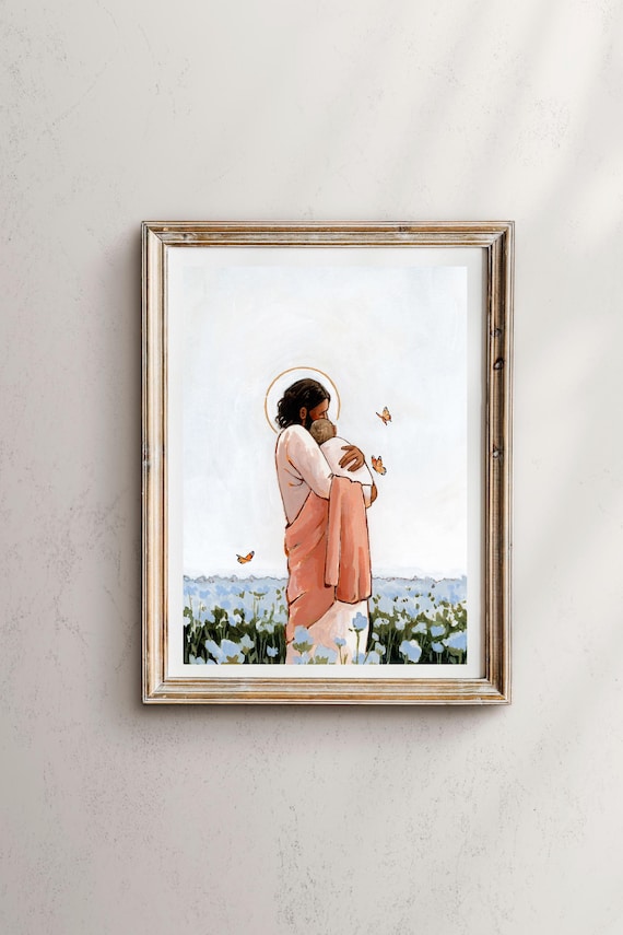 Among The Forget Me Nots- Jesus Holding Angel Baby Art Print, Pregnancy & Infant Loss