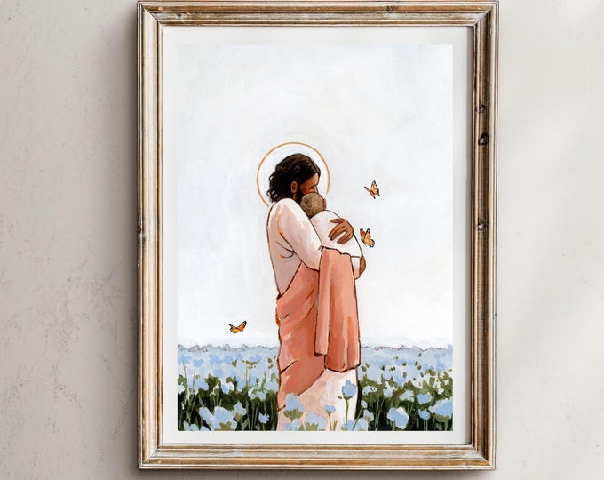Among The Forget Me Nots- Jesus Holding Angel Baby Art Print, Pregnancy & Infant Loss