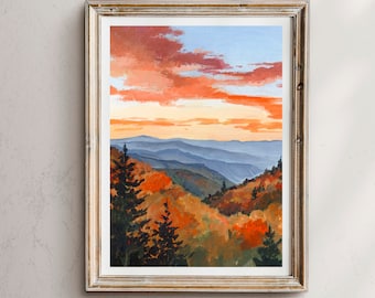 Konsttryck av solnedgången i Smoky Mountains: Landskapsmålning i Tennessee
