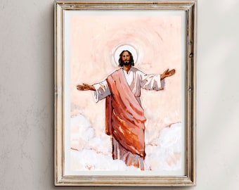 May include: A painting of Jesus Christ with a halo, standing with his arms outstretched, wearing a white robe and a red shawl, against a pink and white cloudy background.