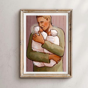 Doppio amore, cuori intrecciati, opera d'arte di papà gemelli, papà che tiene in braccio due gemelli, arte della paternità, arte di gemelli, arte per la cameretta dei bambini, stampa da parete per la cameretta dei bambini