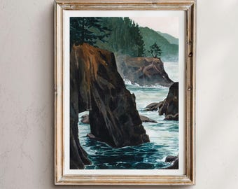 May include: A framed watercolor painting of a rocky coastline with crashing waves. The painting features a dark green forest in the background and a small island with a lone tree in the foreground.