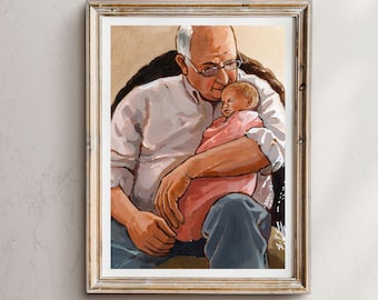 おじいちゃんと男の子の油絵アートプリント：家族の壁アート - Etsy 日本