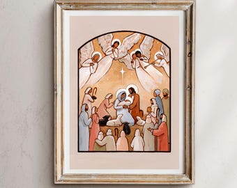 May include: Framed art print depicting a Nativity scene. The artwork features figures in robes, angels, and a star. The color palette includes beige, brown, and white tones. The print is in a gold-colored frame.