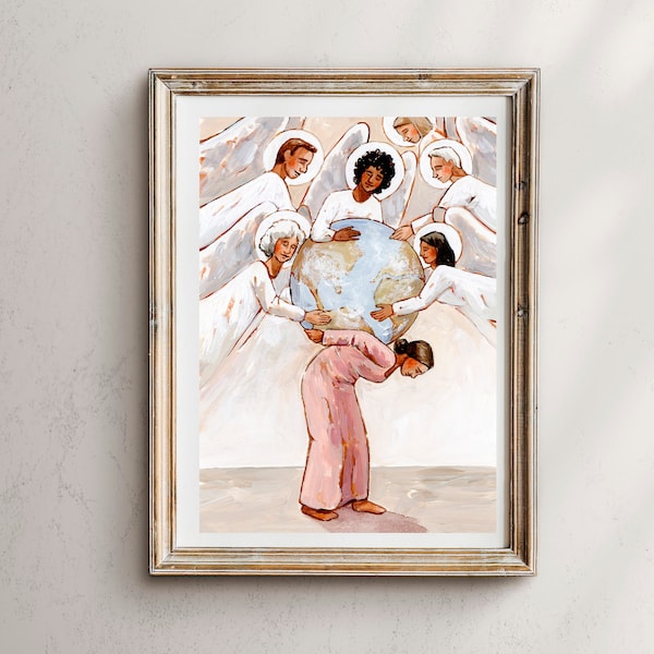 He Sends Relief, Angels surrounding woman, angels helping a woman, religious art, Jesus Christ Wall Art, Jesus Christ Art, holding world