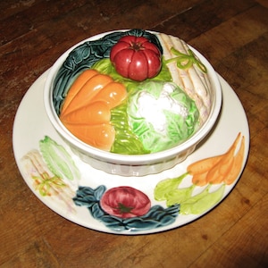 A Vintage French  Rare &quot;Michel Caugant&quot; Hand Painted Faience / Majolica Vegetable Terrine Dish & Plate ~ 1980,s ~ French Country Kitchen