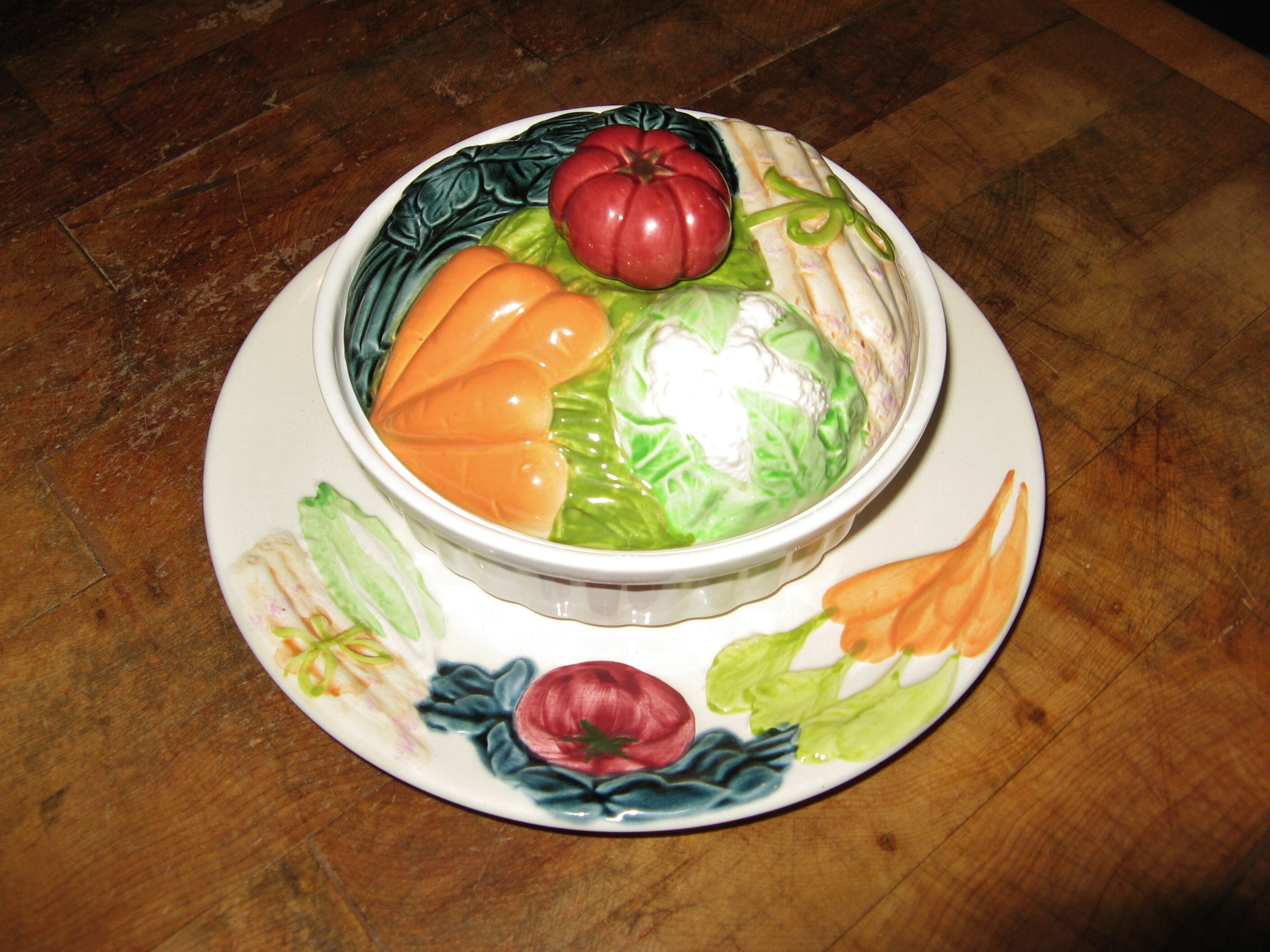 un vintage français rare "michel caugant peint à la main faïence/majolica terrine de légumes plat & assiette ~ 1980, s country kitchen