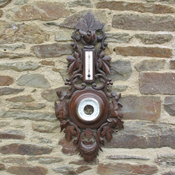 A Very Good Quality Vintage French Hand Carved Black Forest Style Hunting Themed Barometer / Thermometer