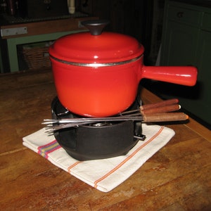 Vintage French Nomar/Staub Two Tone Red  Enameled Cast Iron Fondue Set ~ Made In France