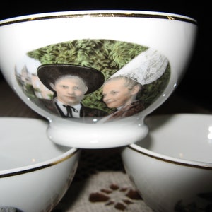 Six Vintage French Porcelain Cafe Au Lait / Coffee Bowls Depicting Traditional Bretagne Costume ~ Limoge  France ~1950&#39;s