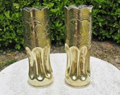 A Very Nice Large Pair Of Trench Art Brass Vases With Crimped Bottoms Tulip And Leaf Design With Scalloped Tops