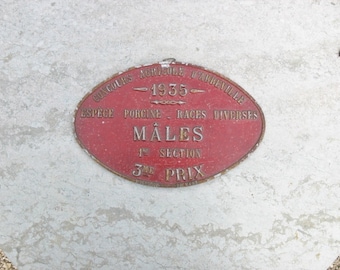 A Very Nice Vintage French Agricultural Plaque 1935  Third Prize  For Male Pigs At D'Abbeville Show