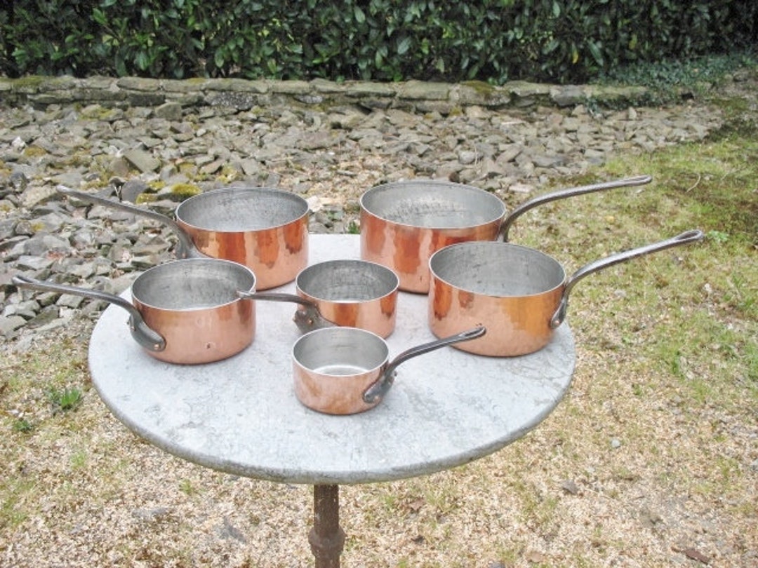 A Very Nice Vintage French Six Piece Hammered Copper Pan Set / Pot