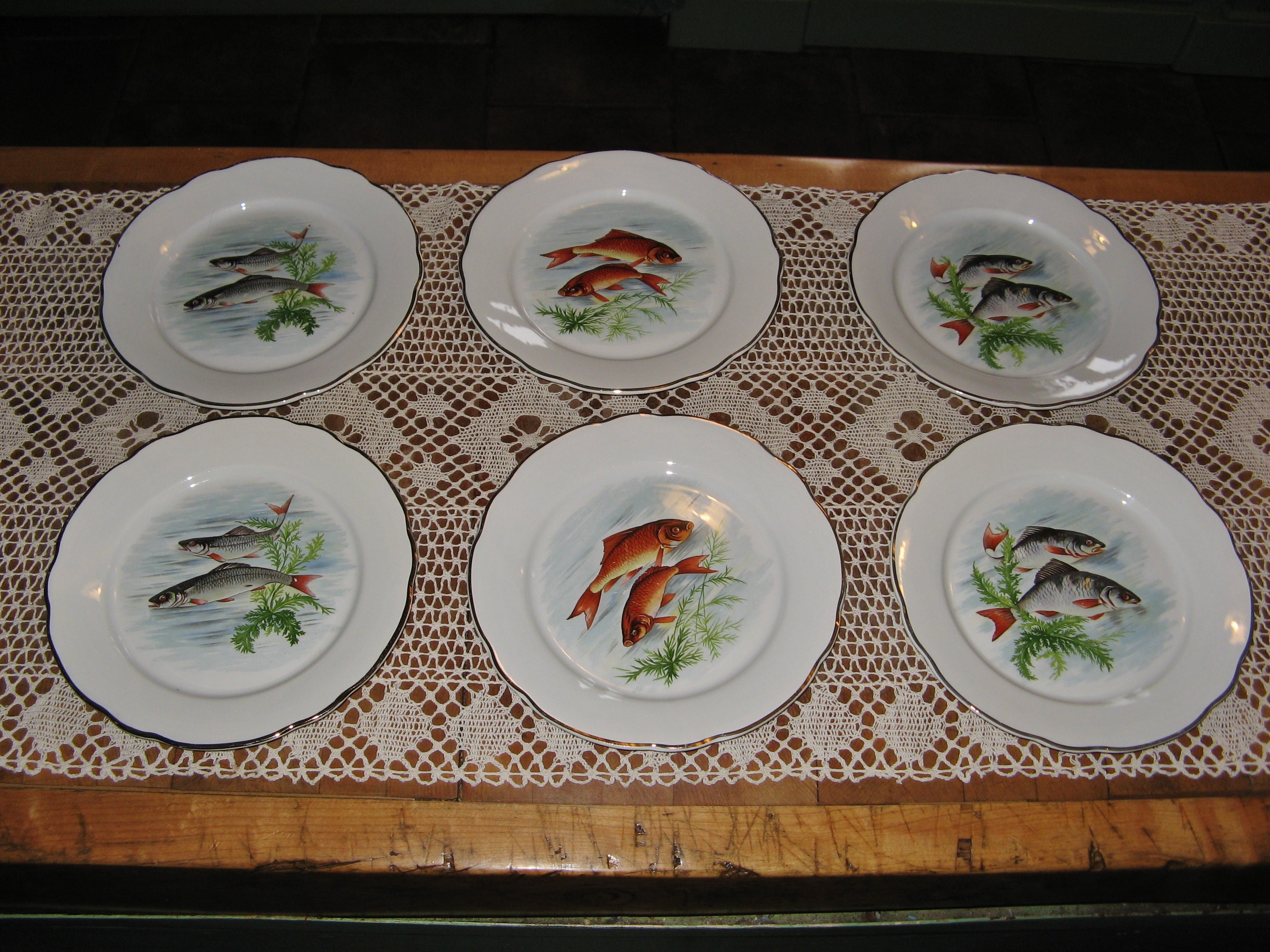 Set de 6 Belles Français Vintage Digoin Sarreguemines Fish Side Plates ~ Milieu Du 20Ème Siècle Val 