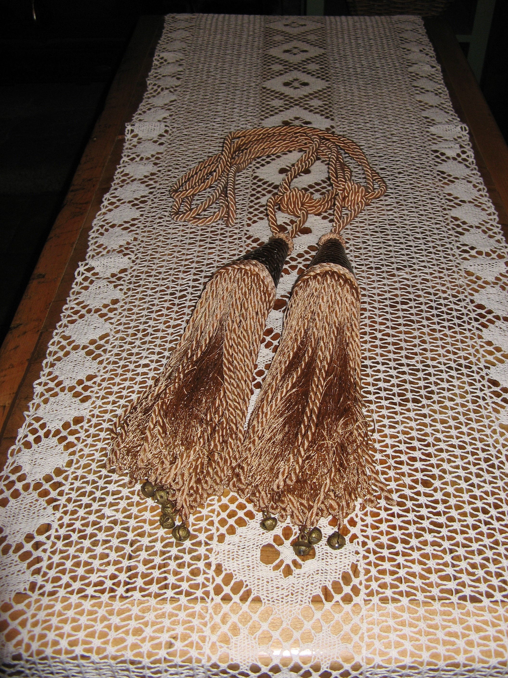 Un Millésime Insolite Beautiful Pair Français Pink Silk & Brass Curtain Tassel Tie Backs With Bells 