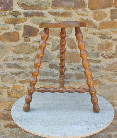 A French Round Bobbin Turned Leg And Stretcher Stool Rustic/Folk Art/ Farmhouse Wooden Milking Stool