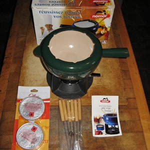 Vintage French Nomar/Staub Dark Green Enameled Cast Iron Fondue Set ~ Made In France ~ Recommande par &quot;Paul Bocuse&quot;