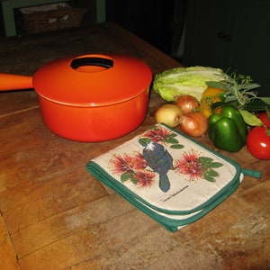 Vintage French &quot;AC&quot;  Cousances / Le Creuset Two Tone Orange Cast Iron Enameled Saucepan With Lid ~ 22 cm  ~ Designer &quot;Raymond Loewy&quot;  1950&#39;s