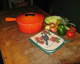 Vintage French "AC"  Cousances / Le Creuset Two Tone Orange Cast Iron Enameled Saucepan With Lid ~ 22 cm  ~ Designer "Raymond Loewy"  1950's