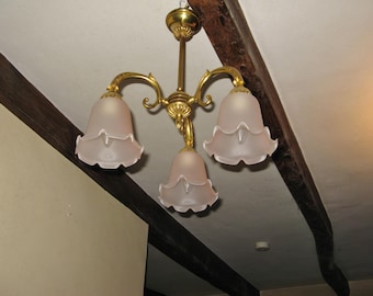A Vintage French  3 Arm Brass Chandelier Ceiling Light With Blush Pink Frilly Opaque Glass Shades