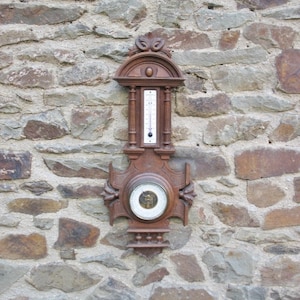 A Very Good Quality Vintage French Barometer / Thermometer With Carved And Turned  Pillar Case Stamped E H Paris