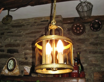 Uma grande luz/lanterna de salão francesa cilíndrica de latão vintage com inserção de vidro transparente redonda ~ década de 1950