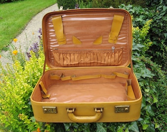 A Vintage French Small Tan Leather Hard Bodied Fitted Suitcase / Weekend Case~ 1950's