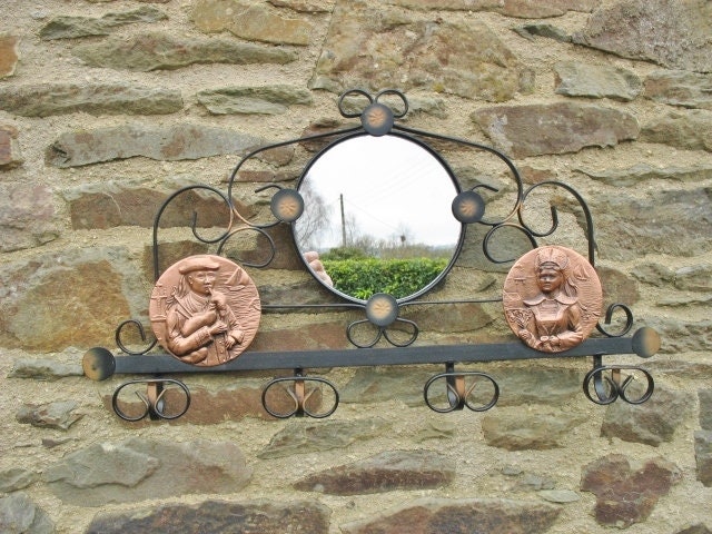 A Very Good Vintage Français Breton Folk Art Wrought Iron Metal Hall Coat Stand/Hooks With Mirror & 