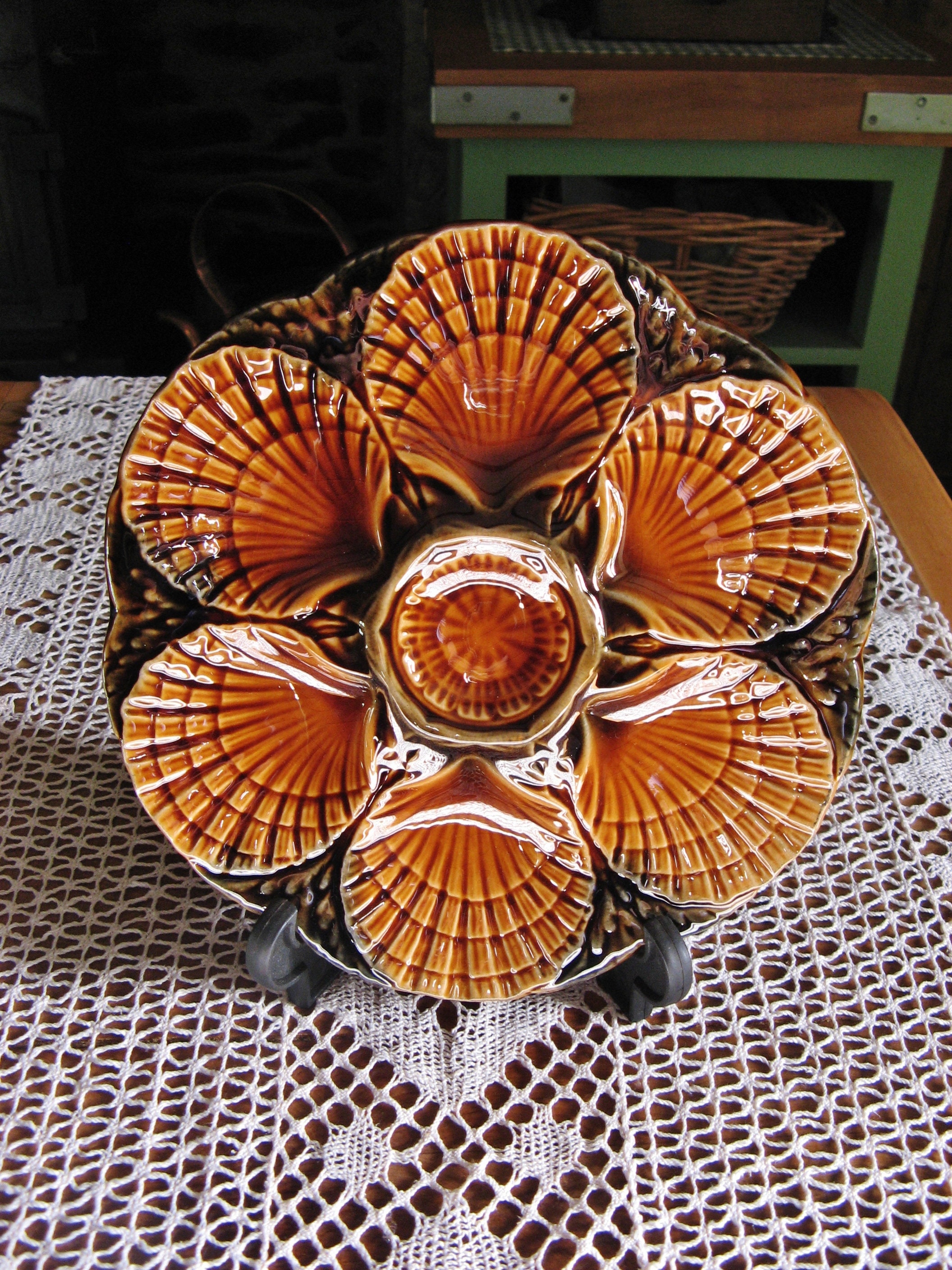 Un Ensemble de 4 Beaux Millésimes Français Sarreguemines Factory Oyster Serving Plate ~ Majolica/Bar