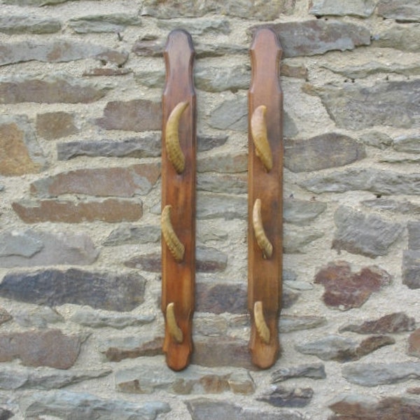 A Good Pair  Of French Taxidermy  Rams Horn Gun Racks / Fishing Rod Racks /  Coat Hooks  Mounted On Wooden Backboards