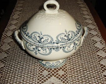 Beautiful Antique French Blue & White Ter De Fer / Ironstone Footed Soup Tureen With Lid ~ "St Amand" - Guirlande Pattern ~ Circa 1930's