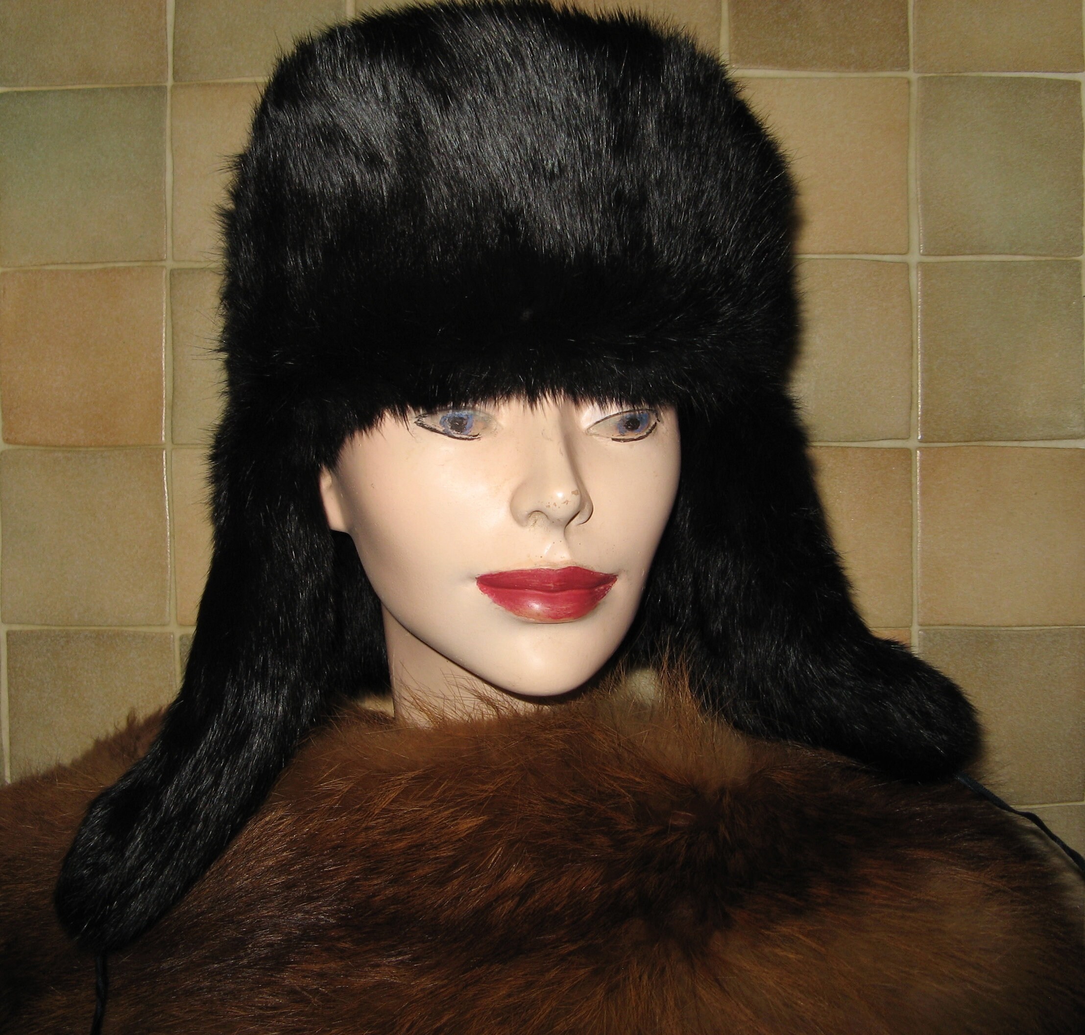 Vintage J McLaughlin black rabbit fur hat Top Quality Winter Rabbit Fur Hat, Natural Ushanka Hat  main image 4