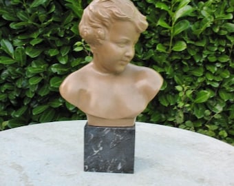 A Very Pretty Vintage French Plaster Buste Of A Young Child Mounted On A Marble Base