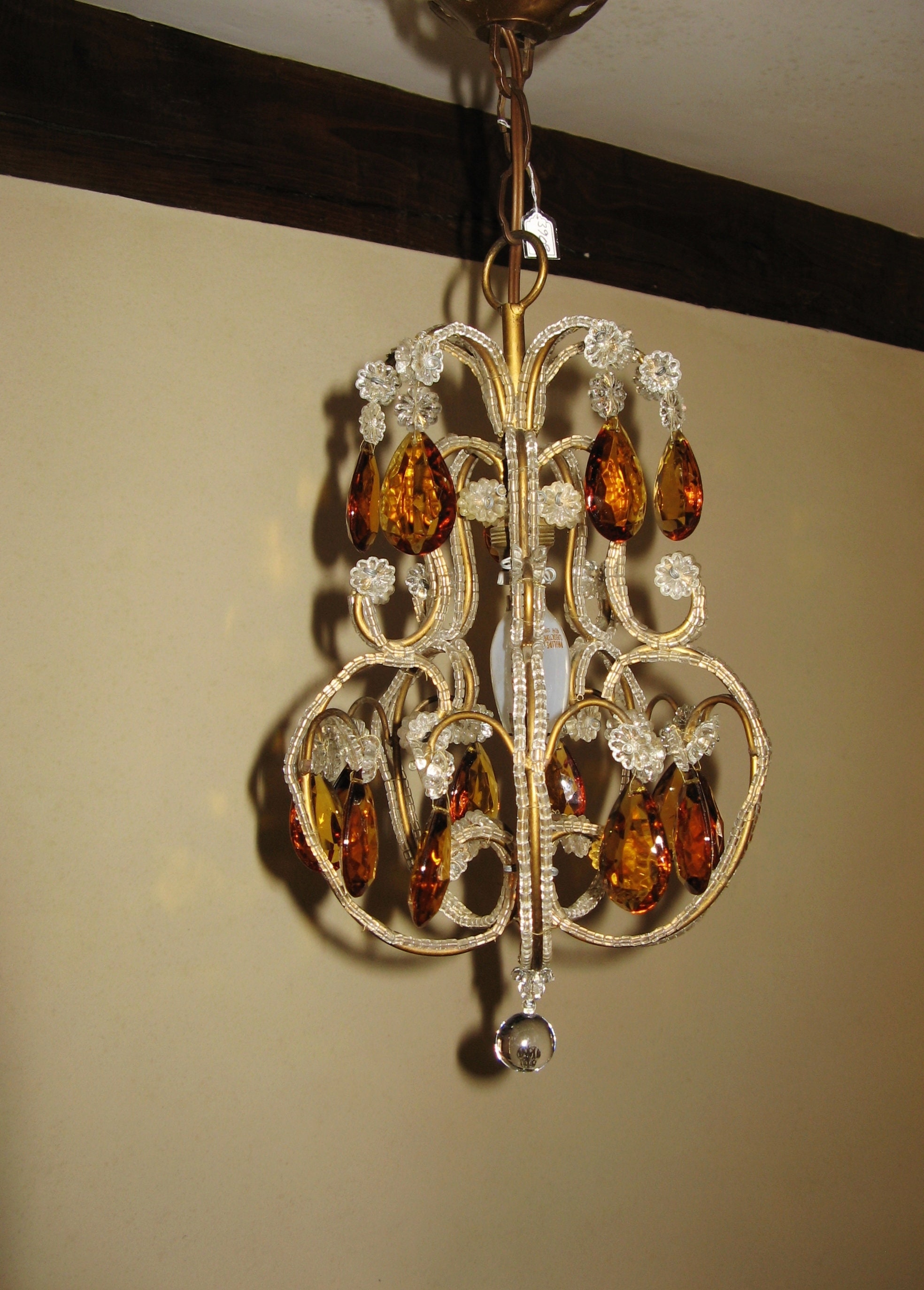 Un Beau Millésime Français/Italien Petit Murano Macaroni Perled Crystal Chandelier ~ Birdcage Amber 