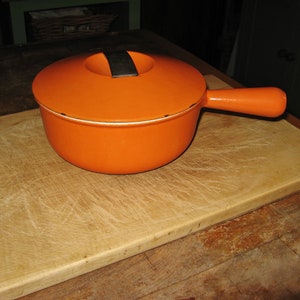 Vintage French &quot;AC&quot;  Cousances / Le Creuset Orange Cast Iron Enameled Saucepan With Lid ~ 20 cm  ~ Designer &quot;Raymond Loewy&quot;  1950&#39;s