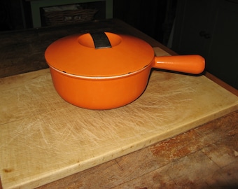 Vintage French "AC"  Cousances / Le Creuset Orange Cast Iron Enameled Saucepan With Lid ~ 20 cm  ~ Designer "Raymond Loewy"  1950's