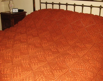 Vintage French Large Hand Made Crochet Rust Coloured Granny Blanket / Throw