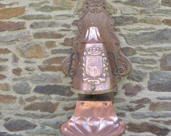 A Very Nice Vintage   French Hand Made Copper Farrat Water Fountain / Lavabo / Fontaine And Its Original Carved Oak  Backboard