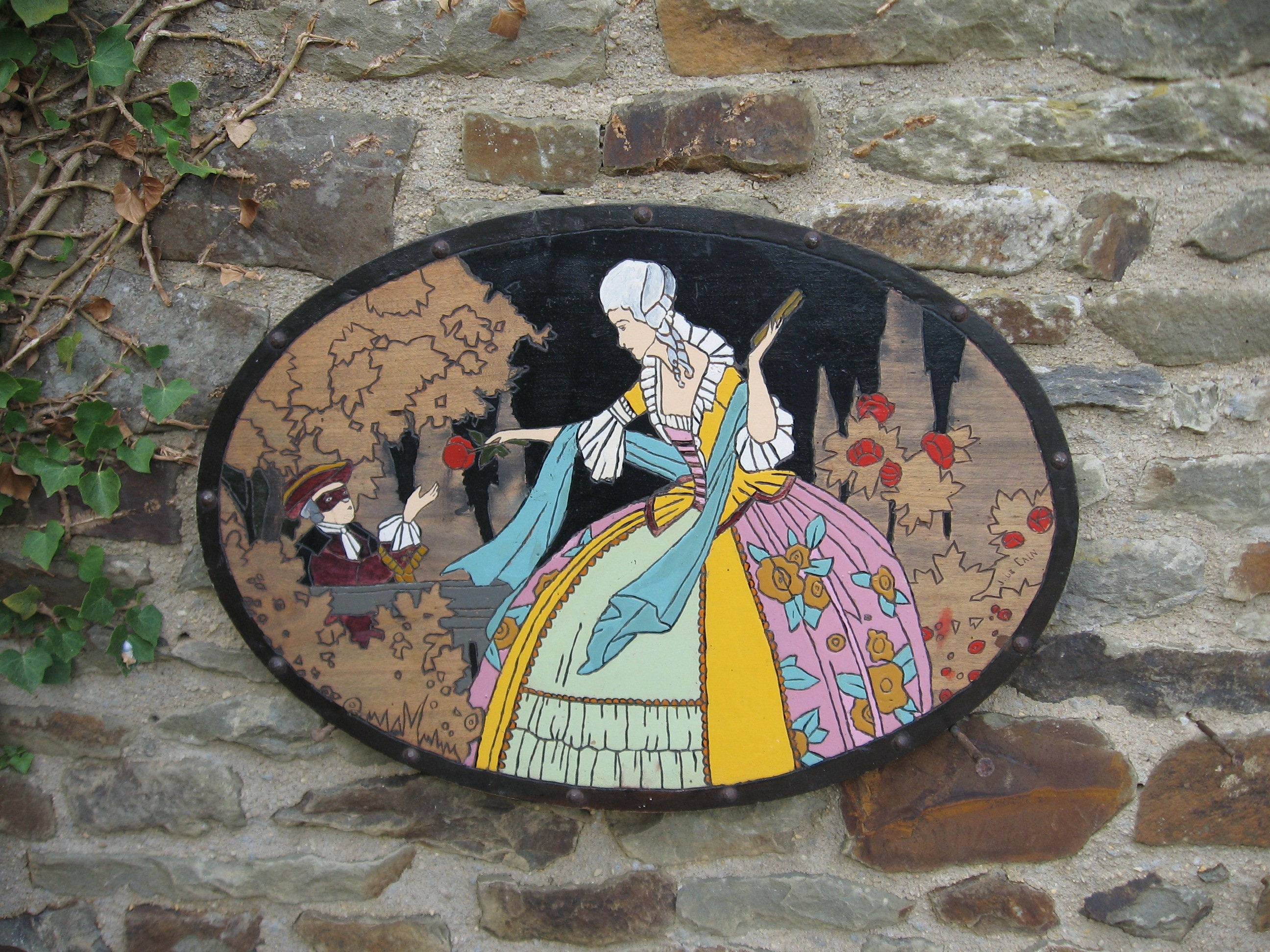 A Nice Old Vintage Français Wood Panel Folk Art Poker Work/Pyroghrapy Picture Hand