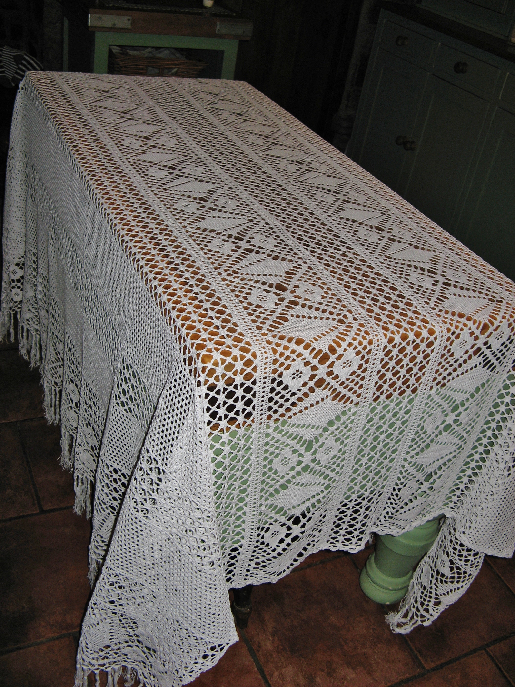 Vintage French White Cotton Crochet Blanket