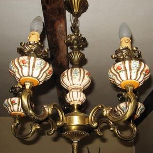 Rustic French Country Style 5 Light Chandelier In Floral Porcelain & Brass - French Vintage Lighting. 5 Light Chandelier. Floral Decoration.
