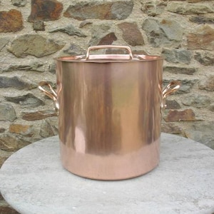 A Large French Copper Round Stockpot /Casserole Pan / Stew Pot And Lid Tin Lined with Bronze Handles 1900s