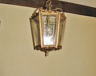 Grande luminária de corredor/lanterna de bronze francesa vintage com 6 painéis de vidro gravado e 3 luzes