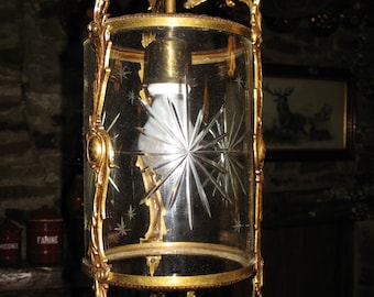 A Very Decorative Cylindrical Brass  French Hall Light / Lantern With Etched Glass Panels ~ 1950's