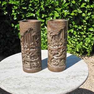 A Very Nice Vintage Pair Of Hand Carved Chinese Bamboo Paint Brush Pots / vases