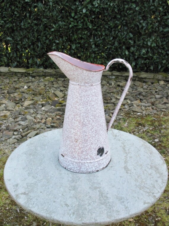 Un Millésime Français White & Pink Mottled Enamel Jug/Water Toilet Jug
