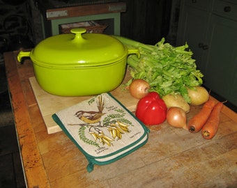 Vintage French "Le Creuset"  Enzo Mari La Mama Range Large Oval Cast Iron Dutch  Oven / Casserole Dish With Lid In Lime Green ~ 1970,s